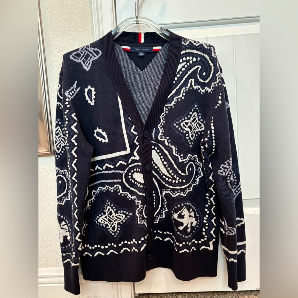 Tommy Hilfiger Cotton Cardigan Sweater Navy Bandana Print - Men’s S